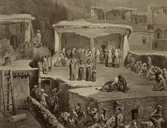 Beerdigungszeremonie in den Ruinen von Akhaltchi, Dagestan, Tafel 70 aus einem Buch über den Kaukasus, graviert von Eugene Le Roux, veröffentlicht von Alfred Leon Lemercier, Paris
